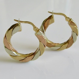 Large 9ct Three Colour Gold Vintage Twisted Hoop Earrings