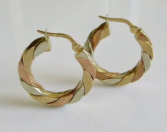 Large 9ct Three Colour Gold Vintage Twisted Hoop Earrings
