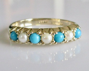 9ct Gold Pearl and Turquoise Ring