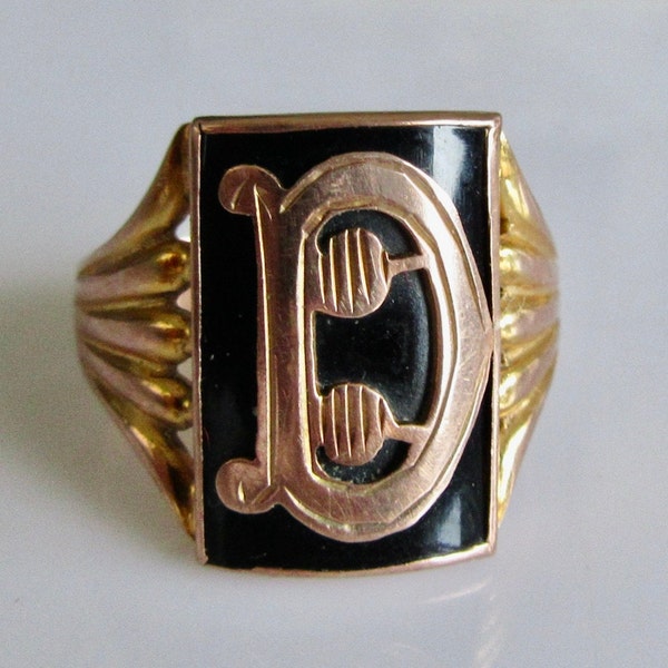 Edwardian 9ct Rose Yellow Gold Onyx Initial D Mourning Ring