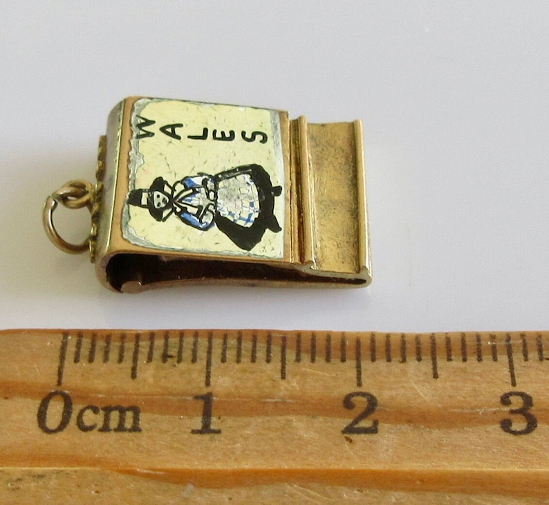 Pu&ograve; includere: Ciondolo dorato con apertura a cerniera. La parte anteriore presenta un'immagine colorata di una donna in costume tradizionale gallese con la parola "WALES" sopra di lei. Il ciondolo &egrave; lungo circa 1 cm.