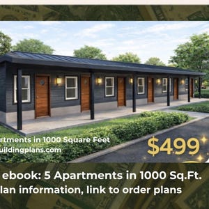 Può includere: Un rendering architettonico di un condominio. L'edificio ha un esterno scuro, porte marroni e finestre con cornici bianche. Il testo recita "5 Appartamenti in 93 metri quadrati" e "easybuildingplans.com". Sotto, il testo dice "Short ebook: 5 Appartamenti in 93 m². Con informazioni sul piano, link per ordinare i piani".