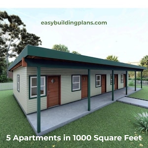 May include: An architectural rendering of a small apartment building with five units. The building has a green roof and trim, with light green siding and brown doors. The text "5 Apartments in 1000 Square Feet" is at the bottom.
