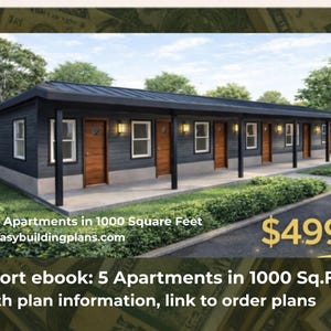 Può includere: Un rendering architettonico di un condominio. L'edificio ha un esterno scuro, porte marroni e finestre con cornici bianche. Il testo recita "5 Appartamenti in 1000 piedi quadrati" e "easybuildingplans.com". Sotto, il testo dice "Short ebook: 5 Apartments in 1000 Sq.Ft. With plan information, link to order plans."