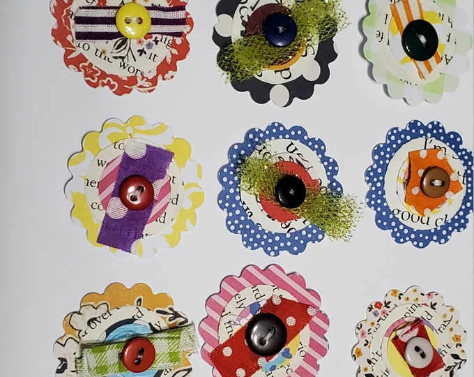 10 x Handmade Paper Flower Embellishments for Scrapbooking Ephemera, Junk Journals, circulars