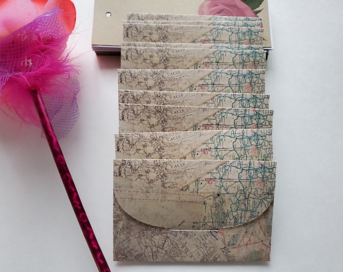 Map Collage Mini Tuck-in Envelopes Lot with Mini White Blank Cards