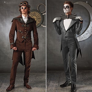 Può includere: Due modelli di costumi per uomo per Halloween. Il modello a sinistra è per un costume steampunk con una giacca, un gilet e pantaloni marroni. Il modello a destra è per un costume da scheletro con una giacca, un gilet e pantaloni neri. Il modello include il testo "Simplicity" e "1039".