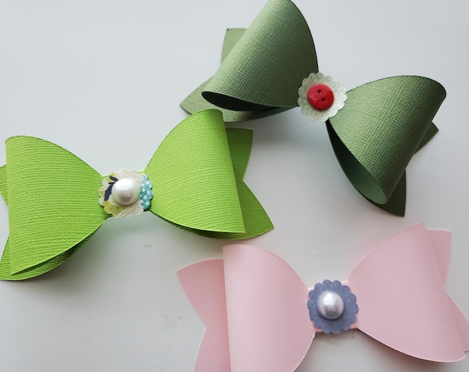 6 Handmade Paper Hair Bows Cardstock Scrapbooking Party Décor Embellishments Mixed Colors