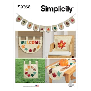 Puede incluir: Un patrón de costura Simplicity para decoración del hogar con temática otoñal. El patrón incluye instrucciones para hacer una pancarta, una almohada, un camino de mesa y un letrero de bienvenida, todos con hojas de otoño coloridas.