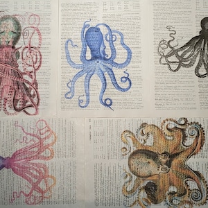 May include: Five vintage illustrations of octopuses on a background of old book pages. The octopuses are in various colors, including pink, blue, black, and brown.