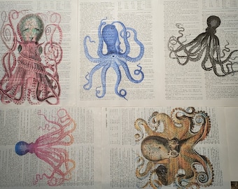 Octopus Themed Dictionary Page Prints, Set of 5