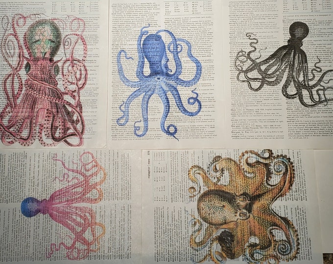 Octopus Themed Dictionary Page Prints, Set of 5