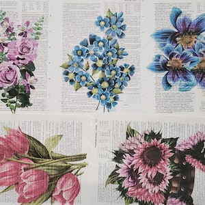 Floral Themed Dictionary Page Prints, Set of 5