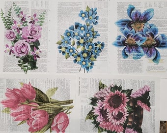 Floral Themed Dictionary Page Prints, Set of 5