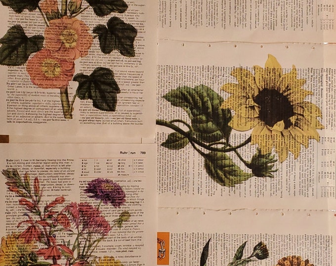 Wildflowers Themed Dictionary Page Prints, Set of 5