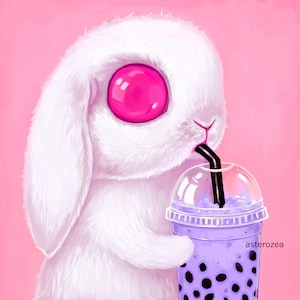 Bunny Art Print - kawaii art, Pop Surrealism, big eyes, white rabbit, bubble tea, creepy cute, lowbrow art, painting, pastel pink, 8x8