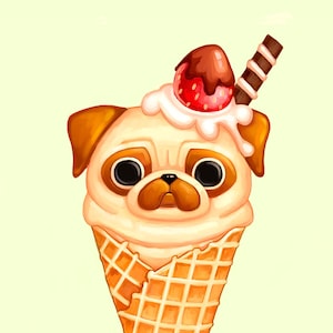 pug ice cream - 5x7 - kawaii pug dog art, cute animal art, cute food illustration, kawaii dessert art print, funny pug painting,