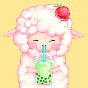 cute sheep drinking bubble tea - 5x7 - kawaii boba tea art, kawaii pastel print, cute animal art, food art, nursey;