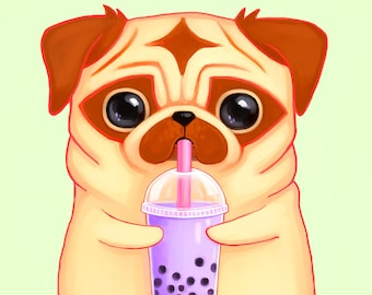 Carlino che beve arte Bubble Tea - 5x7 - simpatico cane carlino, arte del tè boba kawaii, stampa pastello kawaii, dipinto di cani carino, regalo per gli amanti dei cani, arte degli animali;