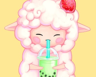 simpatica pecora che beve bubble tea - 5x7 - kawaii boba tea art, stampa pastello kawaii, arte di animali carini, arte culinaria, asilo nido;