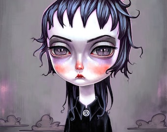Beetlejuice Lydia Deetz Wall Art Print - pop surrealism, pastel goth girl, creepy cute, big eyes painting, sad girl, Tim Burton movie 8x10