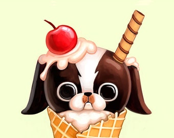 Gelato Japanese Chin - 5x7 - arte kawaii del cane Japanese Chin, arte di animali carini, illustrazione di cibo, stampa artistica di dessert, dipinto divertente del Chin