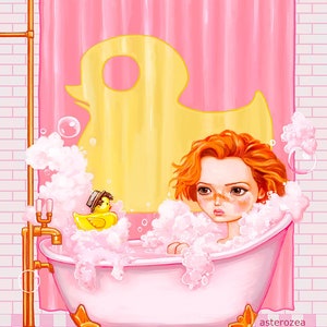 Pretty In Pink Wall Art - Molly Ringwald, pop surrealism, 80s movie, John Hughes, pastel pink, big eyes, bubble bath bathroom painting, 8x10