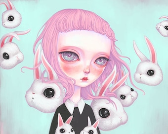 Pink Hair Girl Print - Pop Surrealism, big eyes, white rabbit, cute bunny, creepy cute, lowbrow art, painting, pastel pink, pastel goth 8x8