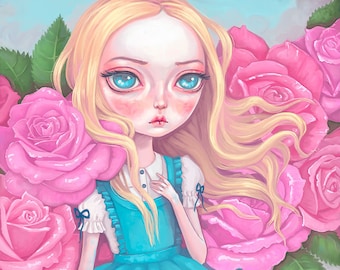 Alice in Wonderland Wall Art - Alice painting, big eyes girl, pop surrealism, girl's room decor, pastel pink roses, lewis carroll, 8x10