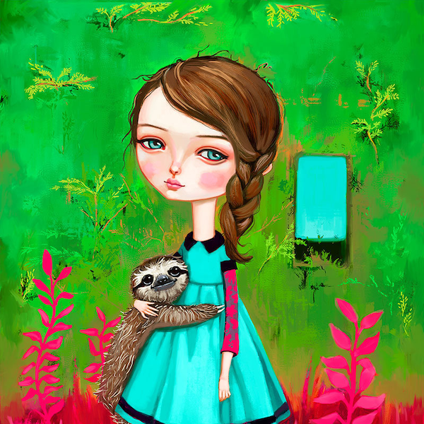 Girl and Sloth Wall Art Print - Big eyes girl, sloth art, Nursery art, Girl's room decor, children's art, fairy tale painting, 8x10