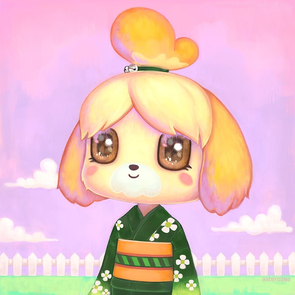 Animal Crossing Isabelle Art Print - ACNL, New Leaf, New Horizons, kawaii pastel, flower kimono, pastel pink, cute painting  8"x8"