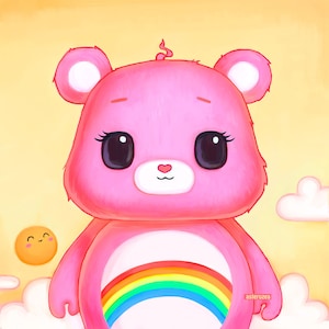 Care Bears Cheer Bear kunst - schattig dier schilderij, jaren '80 kid kunst, jaren '80 kunstprint, kwekerij print, happy art, vrolijk, eigenzinnig, pop art 8x8