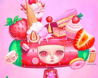 Katamari Art Print - Ichigo, Katamari Damacy, kawaii art, pastel pink art, big eyes girl, pop surrealism, desserts, cute painting 8x8