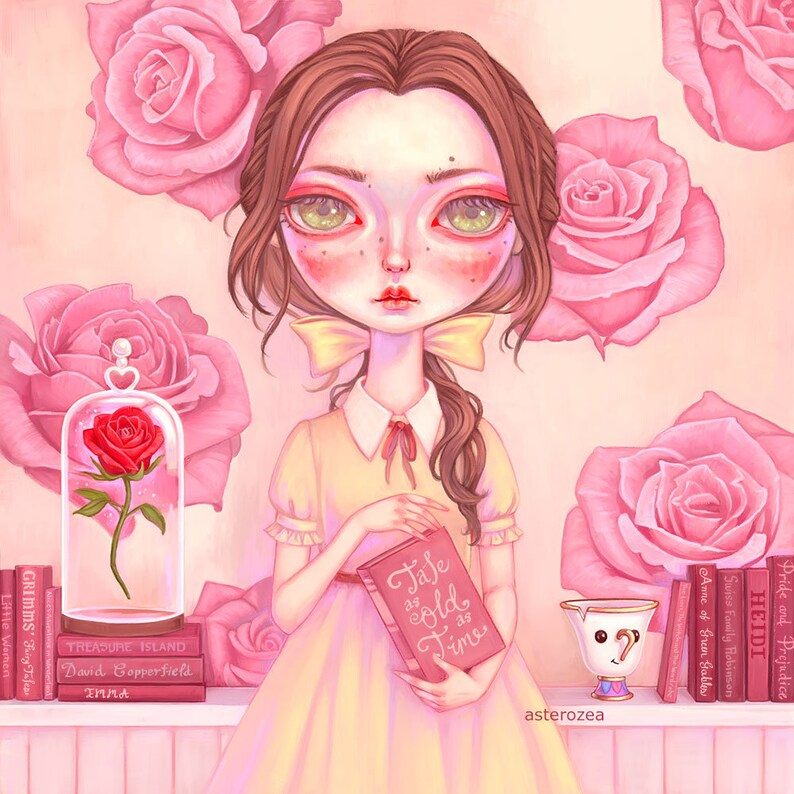 May include: A digital illustration of a young woman with long brown hair, wearing a yellow dress and holding a book titled "Tale as Old as Time". She is surrounded by pink roses and a glass dome containing a single red rose.