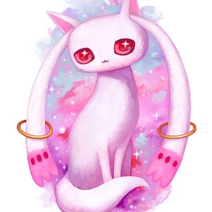 Puella Magi Madoka Magica Kyubey art print - magical girl, mahou shoujo, kawaii art, anime, manga, pastel, PMMM, cute painting, 8x10