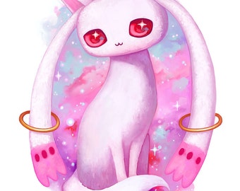 Puella Magi Madoka Magica Kyubey art print - magical girl, mahou shoujo, kawaii art, anime, manga, pastel, PMMM, cute painting, 8x10