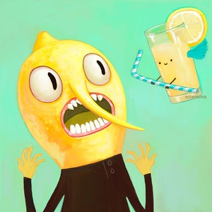 Tijd voor Avontuur - graaf van Lemongrab Wall Art Print - Geek art, pop-art, schilderij, grappige illustratie, tekenfilm, limonade, scream 8 x 8