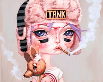 Tank Girl Art Print - Booga, pop surrealism, big eyes, pastel punk art, pastel grunge art, comic book, lowbrow art, painting 8x8