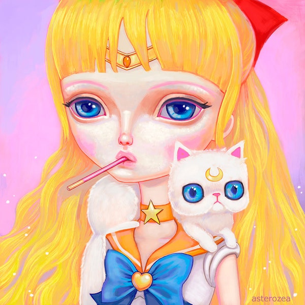 Sailor Venus Art Print - Sailor Moon, Sailor V, Minako Aino, magical girl, mahou shoujo, kawaii art, manga, pop surrealism, painting, 8x8