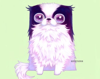 Stampa artistica giapponese del mento - arte con grandi occhi, arte di cani carini, dipinto giapponese del mento kawaii, amanti del mento giapponese, regalo per amanti dei cani, pop art, 8x8