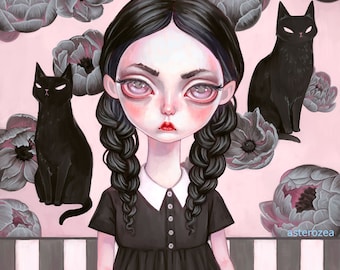 Wednesday Addams Art Print - Addams Family, pop surrealism, black dress, peter pan collar, big eyes, pastel goth girl, peonies, painting 8x8