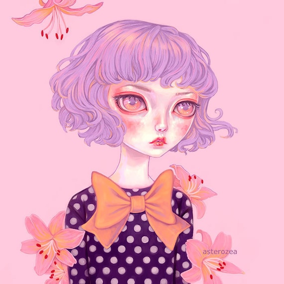 Lilac Hair Big Eyes Girl Art Print Pop Surrealism Pastel Etsy