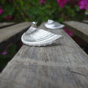 May include: Two silver, shell-shaped earrings on a wooden surface. The earrings are detailed and have a textured finish.
