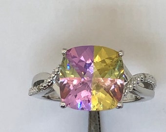 Gorgeous Checkerboard Cut Cushion  5 Carat Lucky CZ And Natural Diamond Ring Set in 925 Sterling Silver Lucky CZ 10mm
