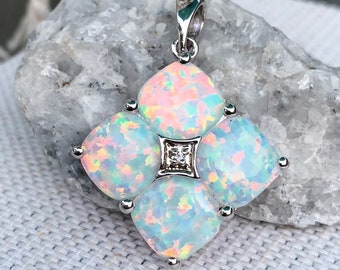 Unique Design Beautiful 4 Cushion Simulated Opal CZ Pendant Set In 925 Sterling Silver