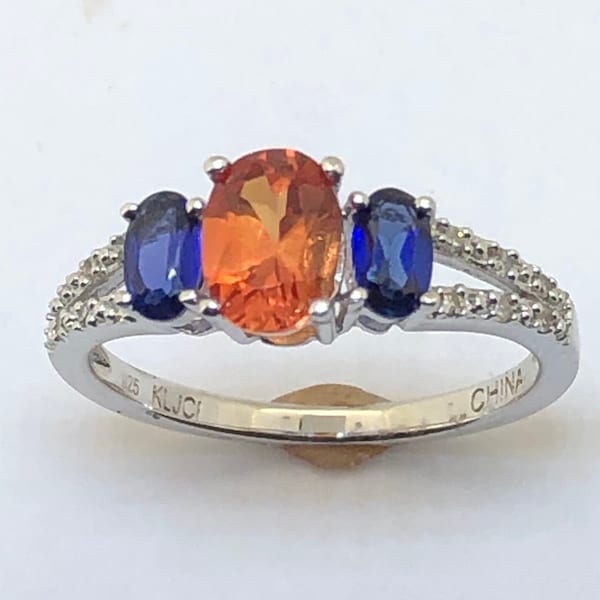 College Colors Ring 3 Stone 12- Diamond Ring UVA Virginia Auburn Florida Syracuse Boise State Created Orange & Blue Sapphire University