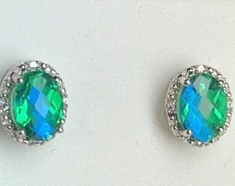 Oval Best Selling 7x5 Oval 1 ct Genuine Caribbean Quartz & CZ  Gemstone Earrings Blue Green R Klein 10kt White Yellow Rose Gold Birthstone