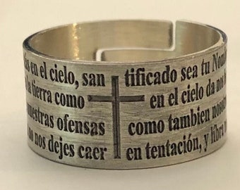 Lords Prayer Our Father,  Laser Engraved Spanish Padre Nuestro Sterling Silver Wide Band Prayer Ring
