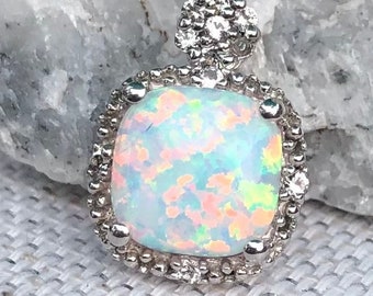 Beautiful Cushion Simulated Opal And White Topaz Pendant Set In 925 Sterling Silver