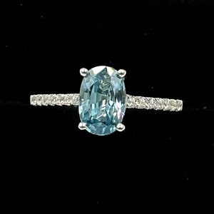 Gorgeous Oval Genuine Blue Zircon And Natural White Zircon Ring Set In Sterling Silver  2.51 Cts VS1 Genuine Cambodian Blue Zircon R.Klein